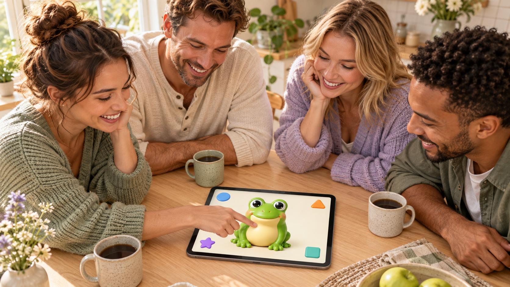 Четверо друзей за столом играют с лягушкой на iPad